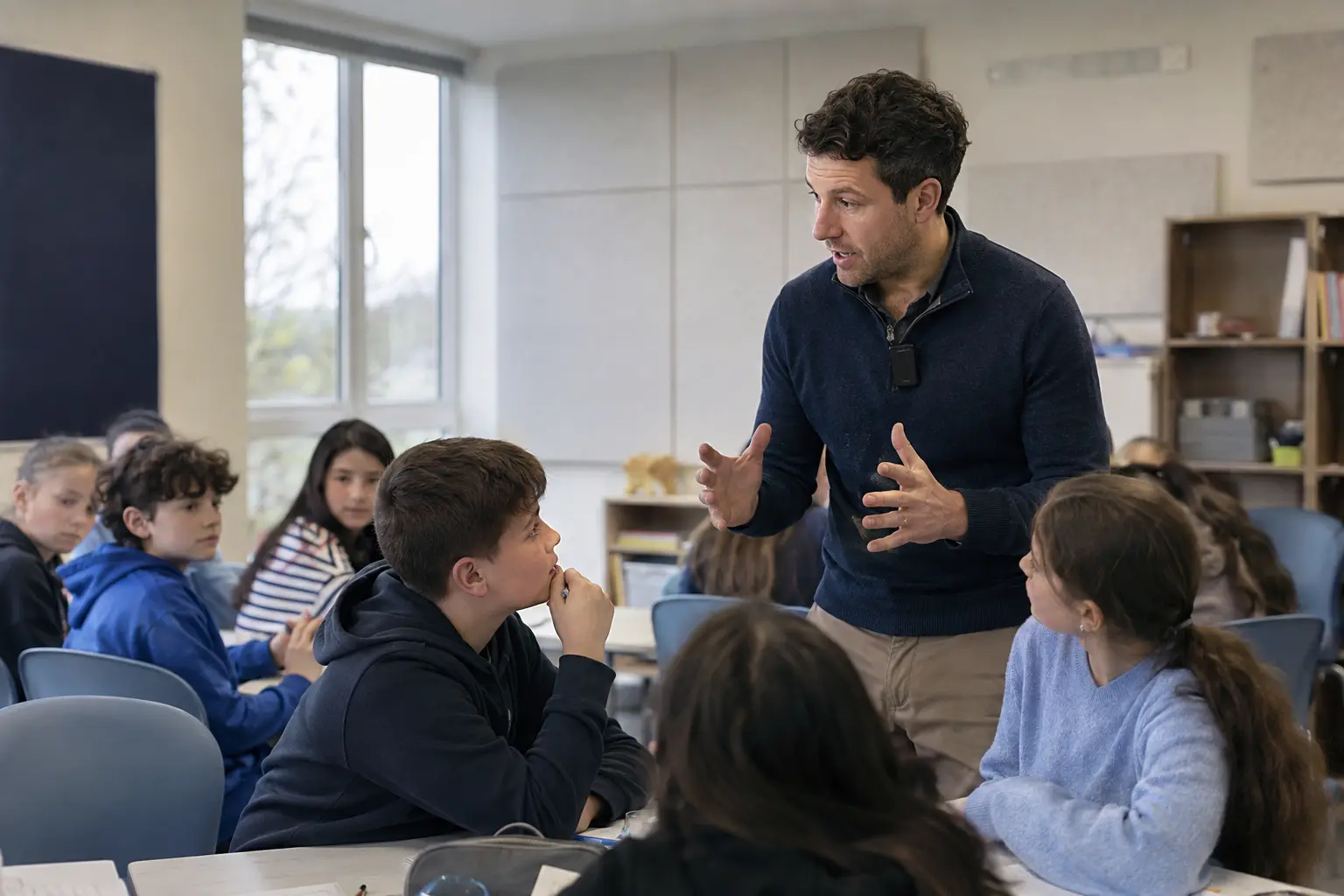 Teacher speaking to students in a modern Irish classroom